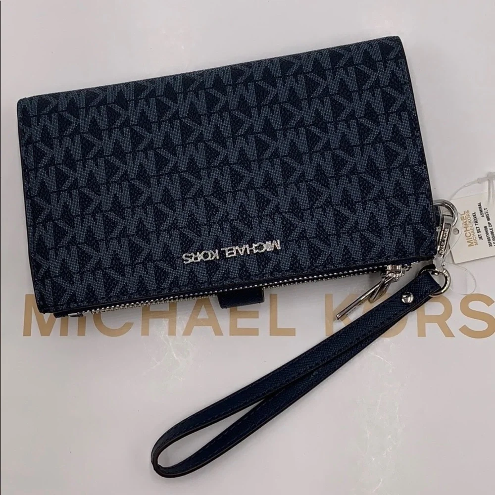 MICHAEL KORS JET SET TRAVEL LG DOUBLE ZIP WRISTLET PHONE CASE WALLET ADMIRAL NWT